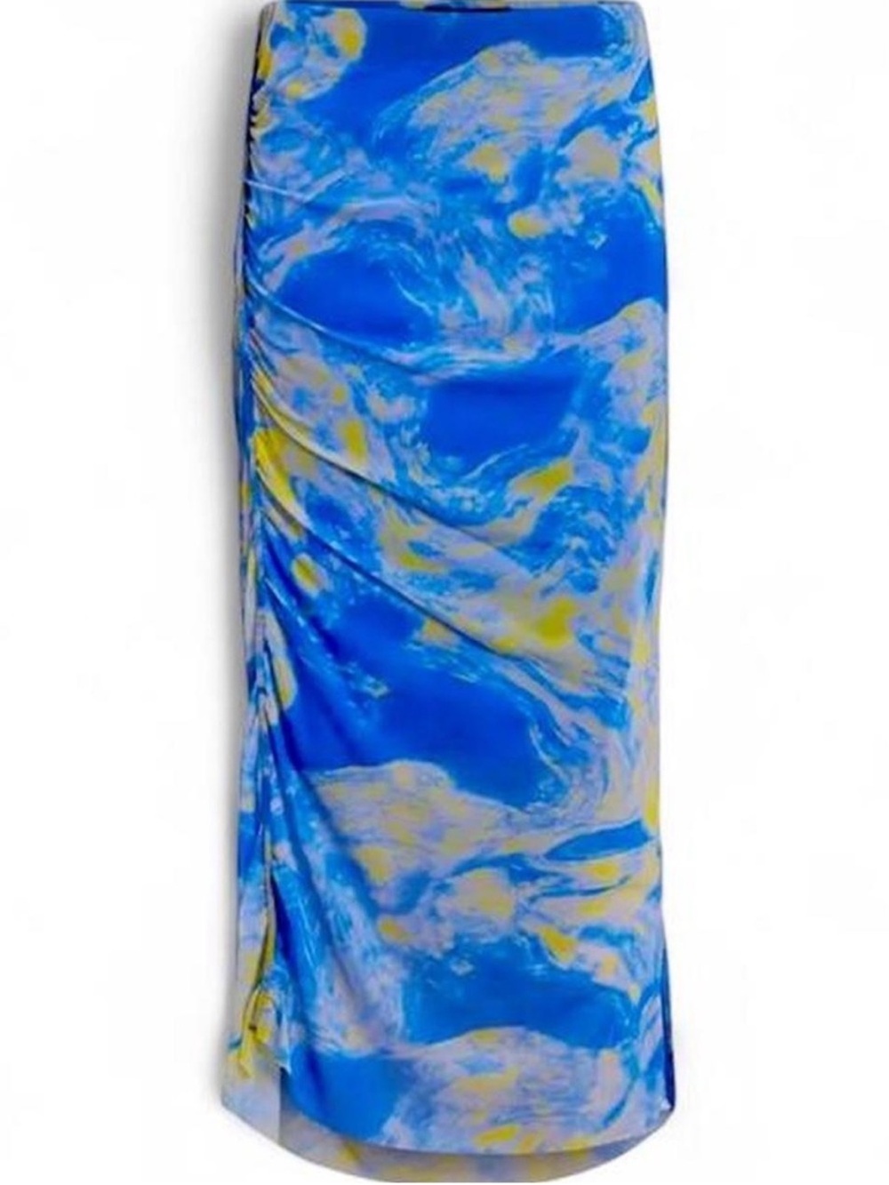 AllSaints Watercolor Y2k Abstract Mesh Neon Yellow Cobalt Blue Ruched Midi Skirt
